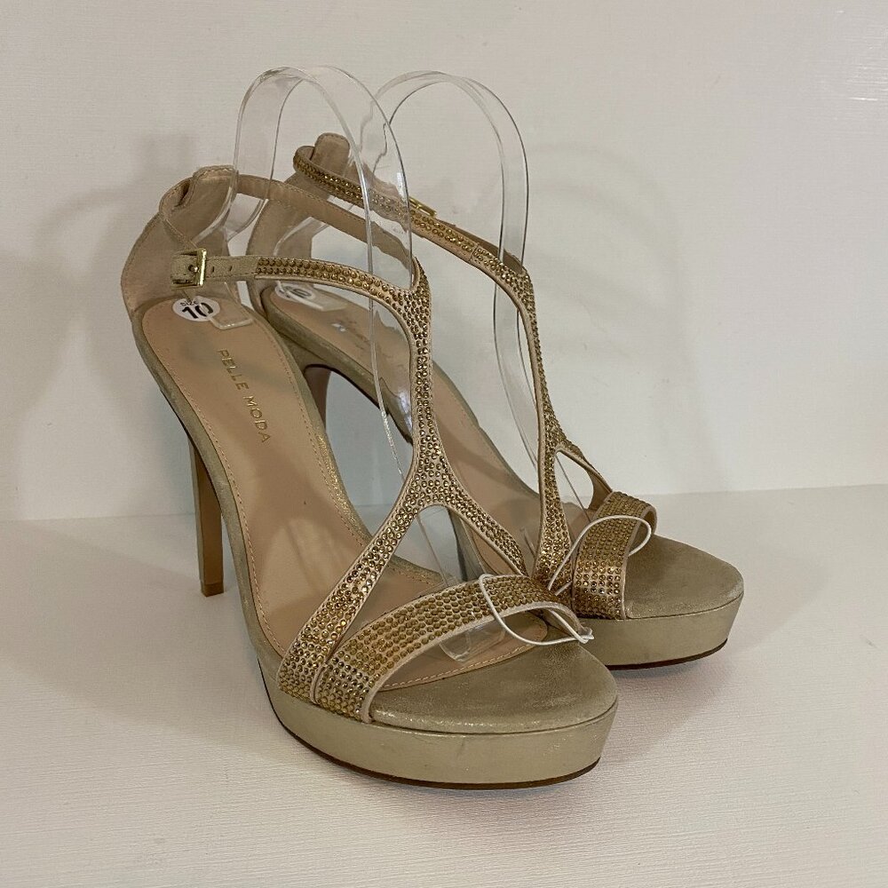 Pelle Moda Gold Platform Stiletto Heels Womens 10 Rhinestone T-Strap